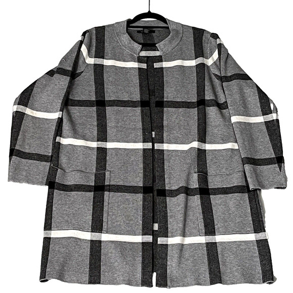 SZ 1 X Cardigan Jacket  Duster  Elegant Workwear  Gray Black Plaid Pockets - Picture 2 of 12